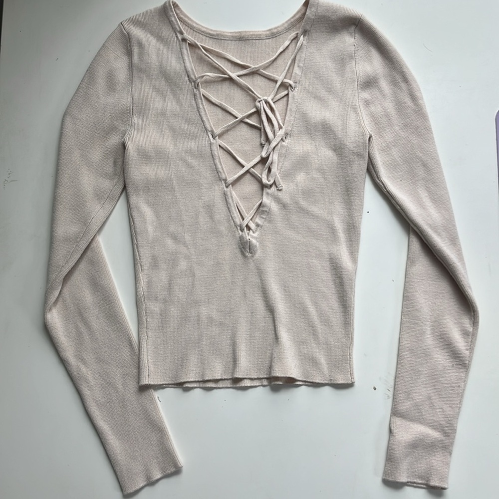 Tan Long Sleeve Knit Top with Tie Cross Back